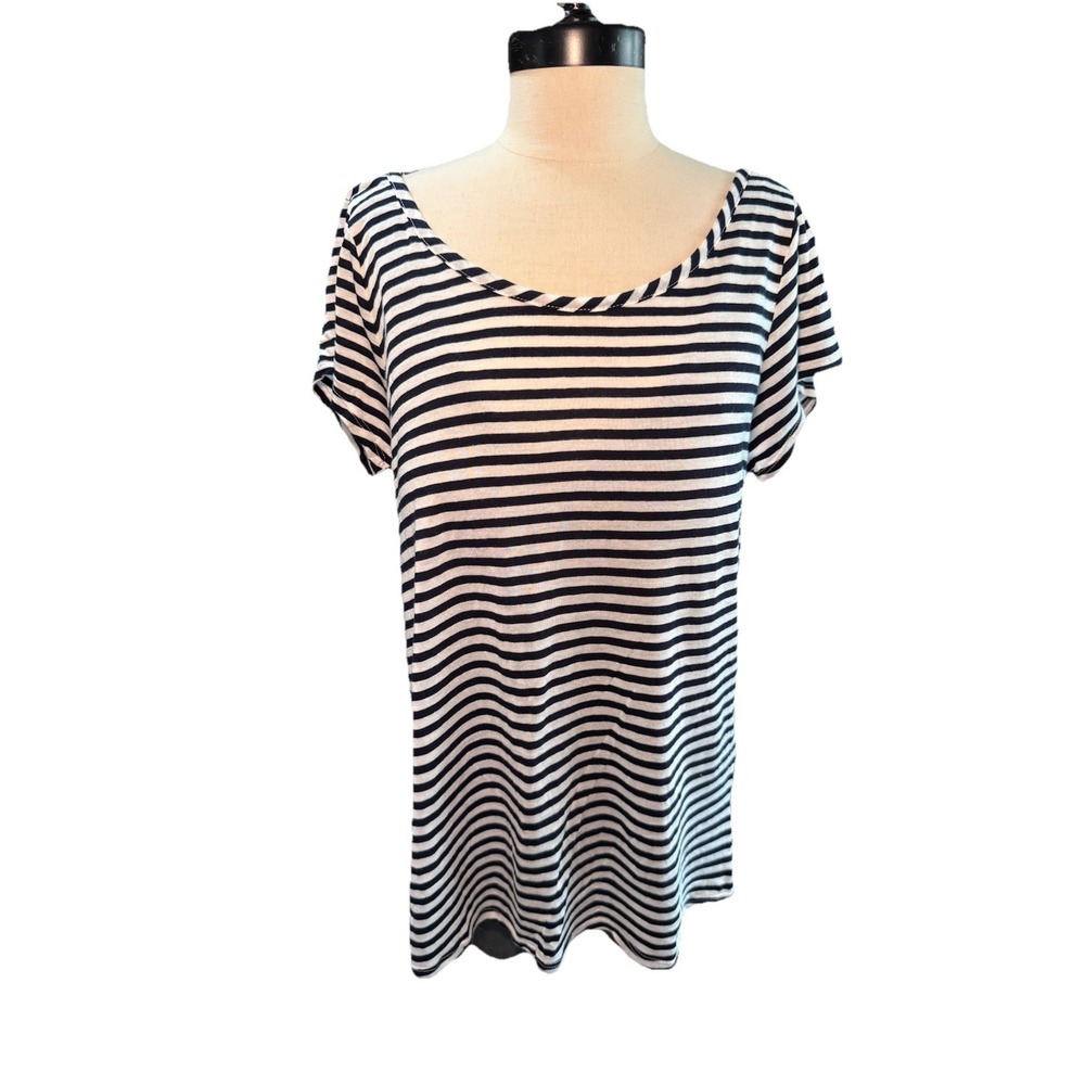 AG Adriano Goldschmied Womens XL Black White Striped Scoop Neck Tee NWOT